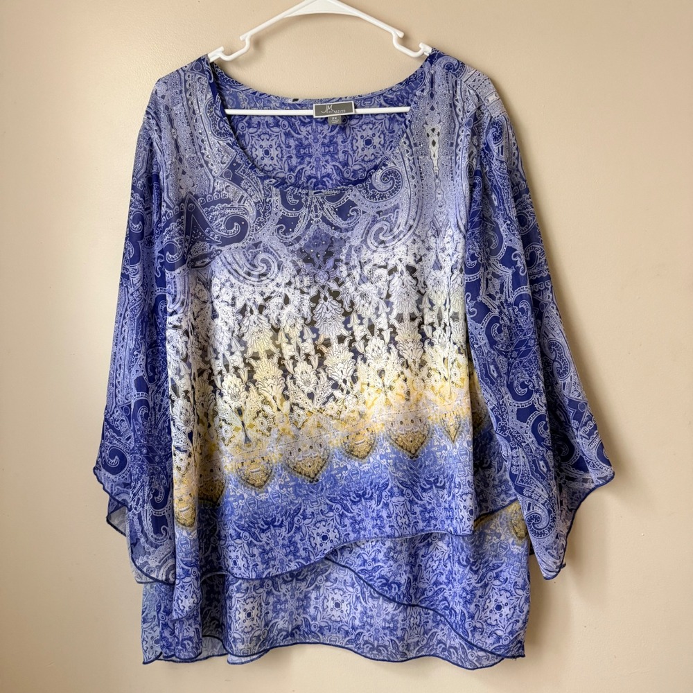 JM Collection Woman‎ Blue Paisley  Layered Bell Sleeve Tunic Top Plus 2X Boho